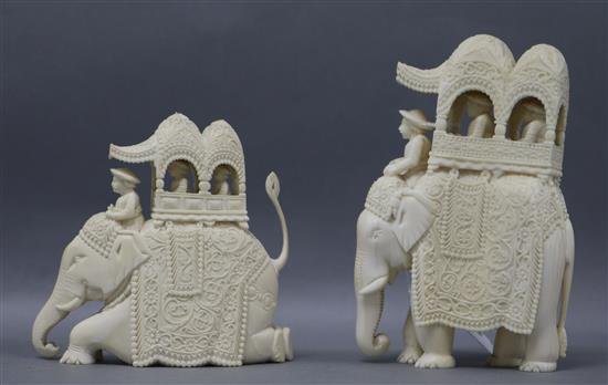 Two 19th century Indian Company School ivory caparisoned elephant groups tallest 14cm